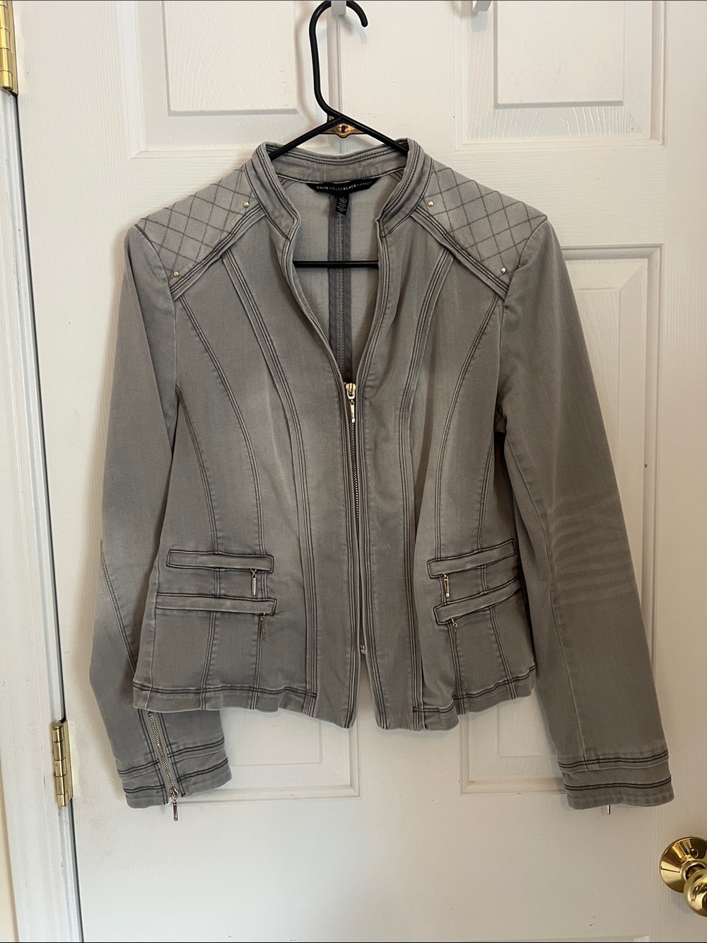 White House Black Market Gray Quilted-Shoulder Moto Jacket